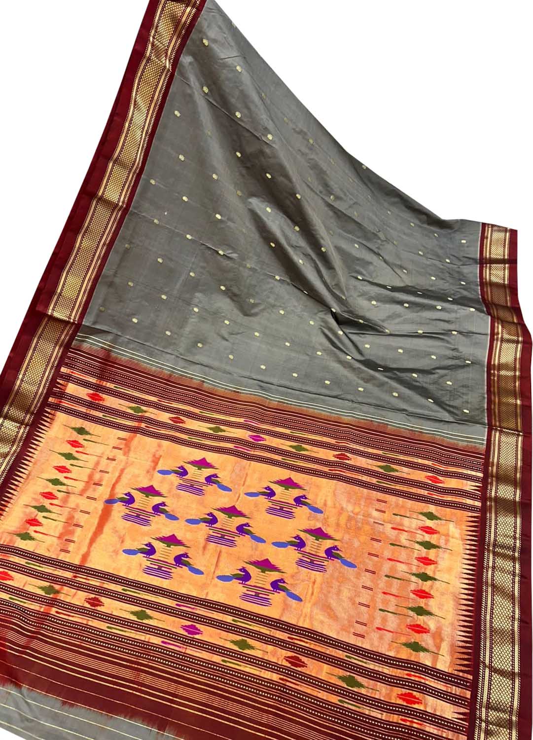 Exquisite Grey Handloom Paithani Saree with Maharani Pallu in Pure Silk - Luxurion World