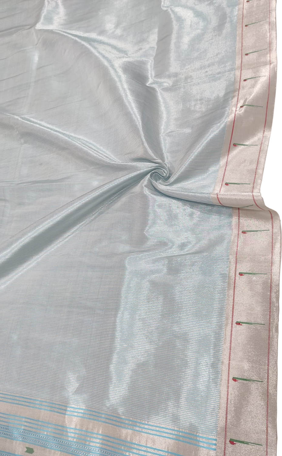 Blue Silver Zari Paithani Handloom Pure Tissue Silk Muniya Border Saree - Luxurion World