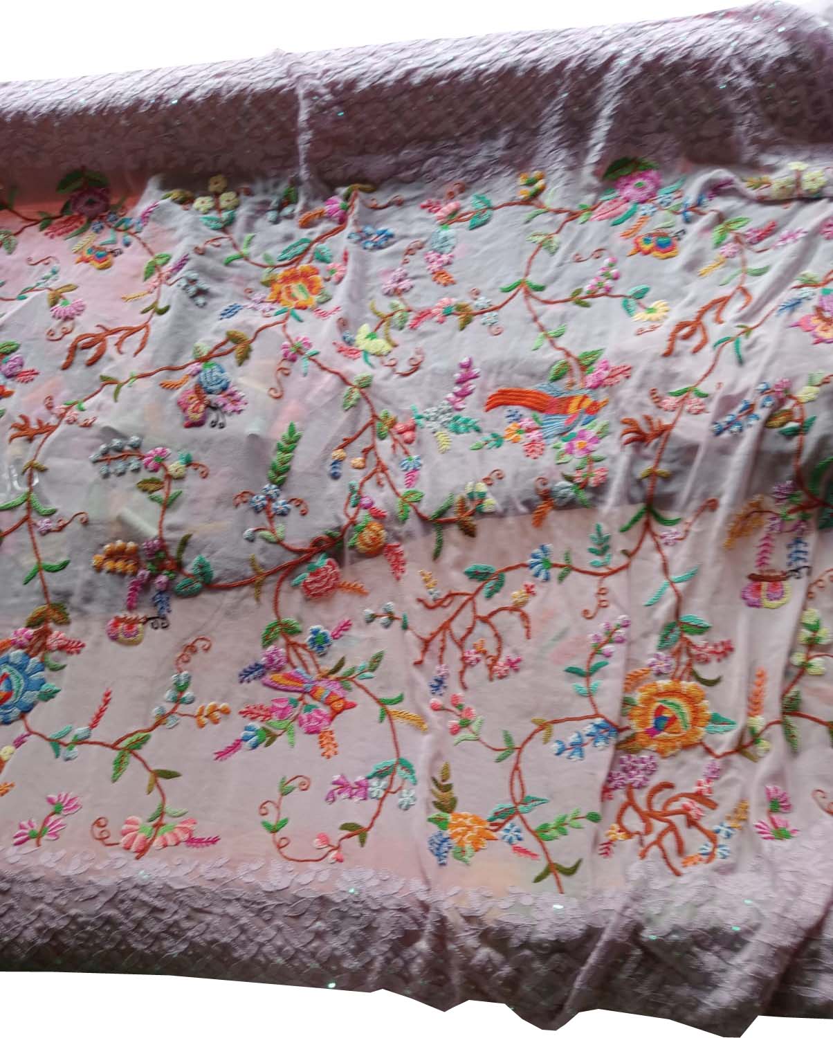 Light Pink French Knot Hand Embroidered Pure Georgette Saree With Chikankari Sequins Work Border - Luxurion World