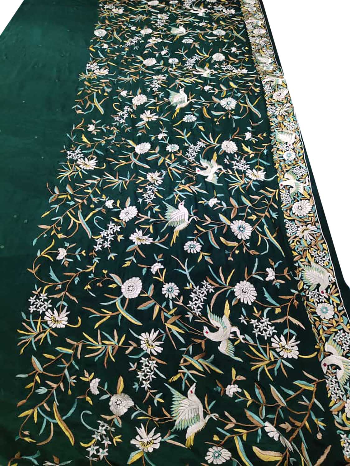 Green Hand Embroidered Parsi Gara Crepe Bird And Floral Design Saree - Luxurion World