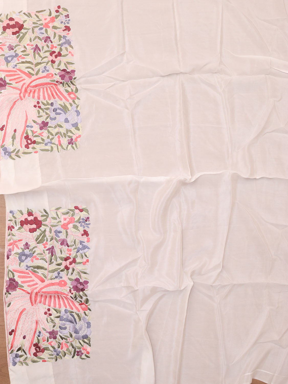 Off White Parsi Gara Hand Embroidered Pure Crepe Bird And Flower Design Saree - Luxurion World