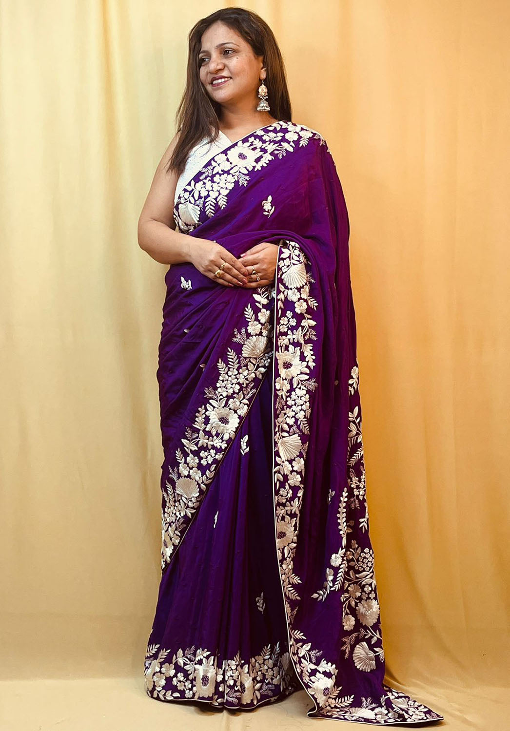 Purple Parsi Gara Hand Embroidered Pure Crepe Flower Design Saree - Luxurion World