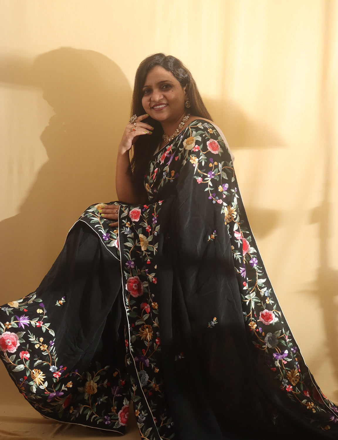 Black Hand Embroidered Parsi Gara Crepe Floral Design Saree - Luxurion World