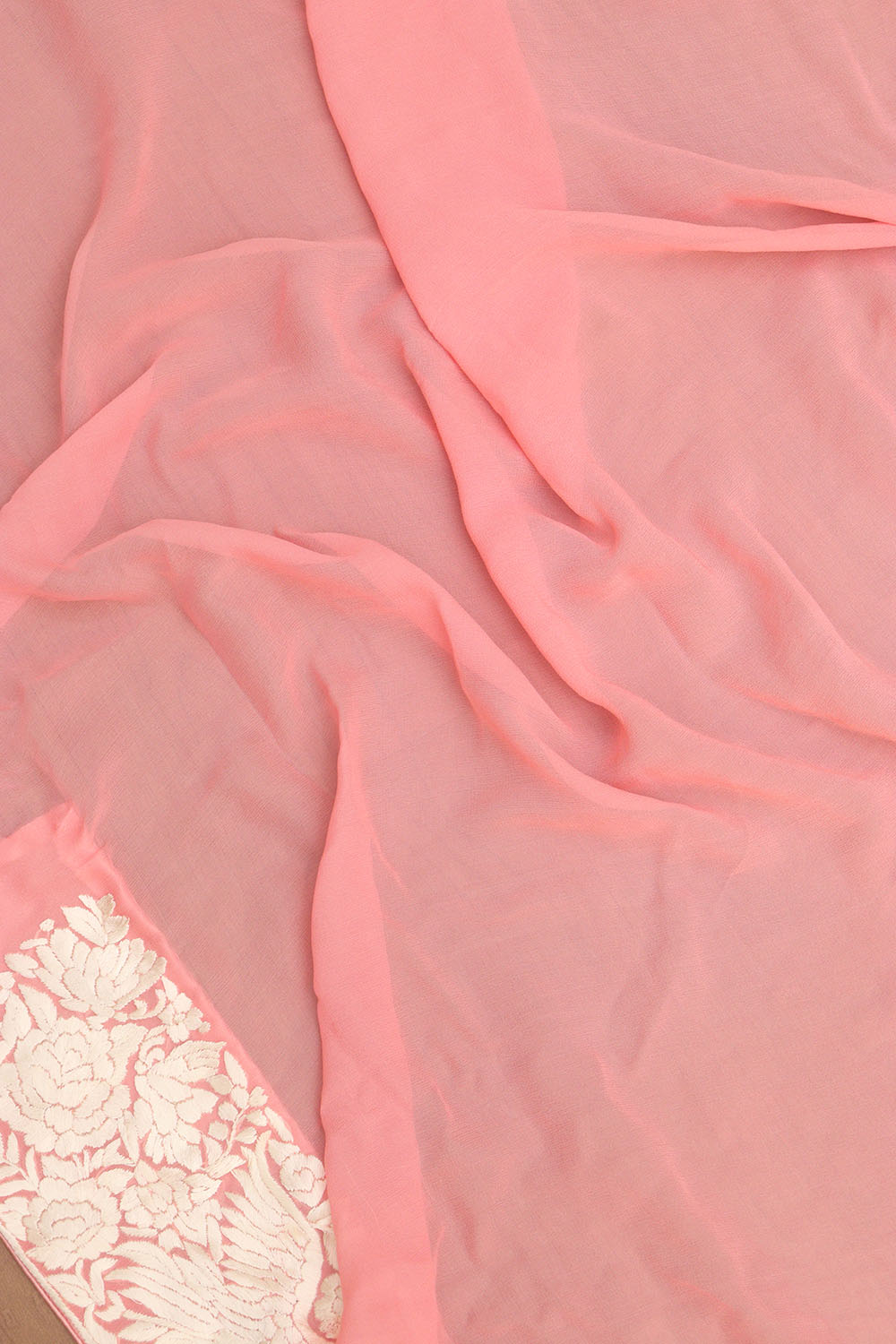 Pink Hand Embroidered Parsi Gara Pure Georgette Floral And Bird Design Saree - Luxurion World