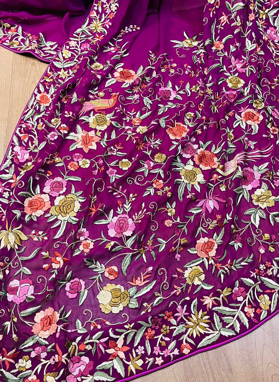 Parsi Gara Georgette Saree: Exquisite Hand Embroidery in Purple - Luxurion World