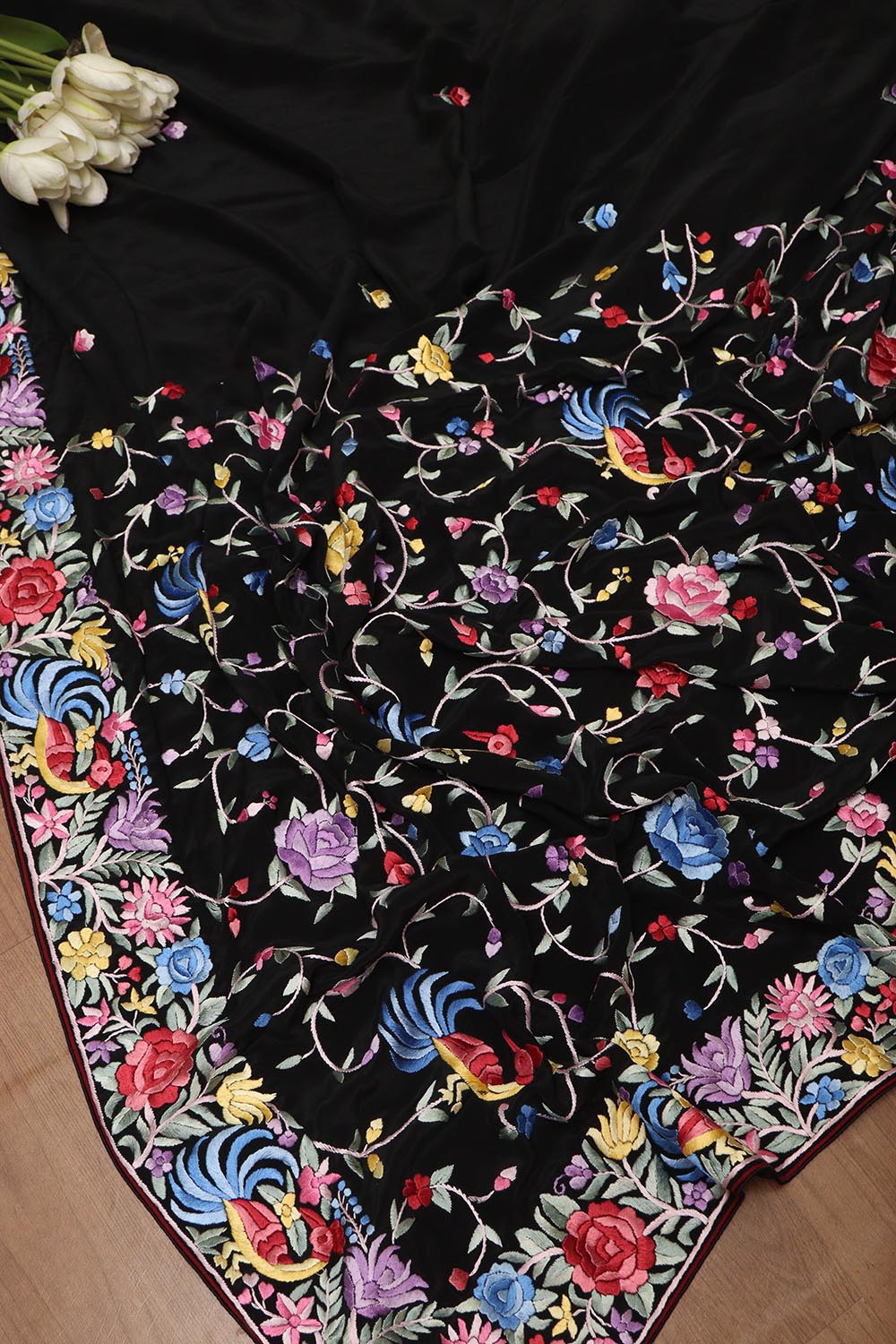 Black Hand Embroidered Parsi Gara Pure Georgette Bird Design Saree - Luxurion World