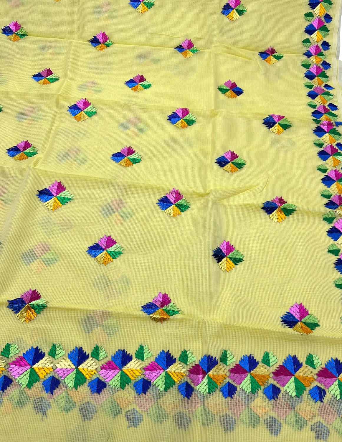 Yellow Hand Embroidered Phulkari Kota Silk Saree b - Luxurion World