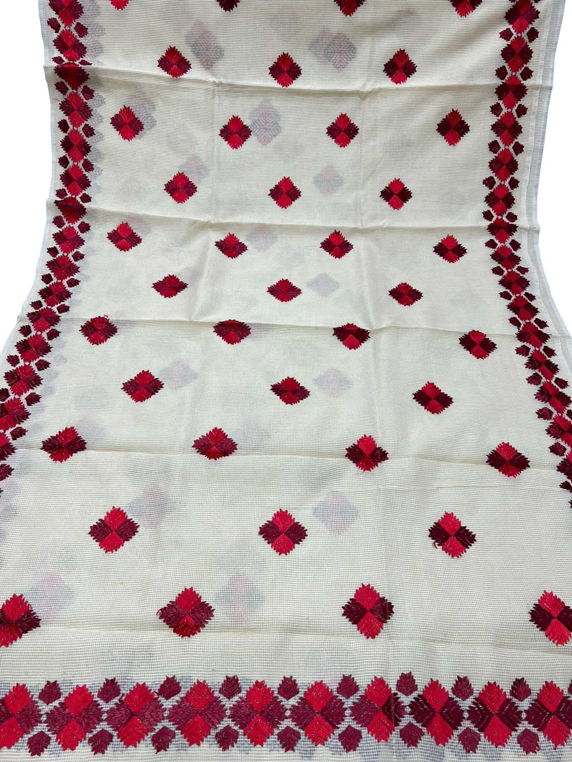 Off White Hand Embroidered Phulkari Kota Silk Saree - Luxurion World