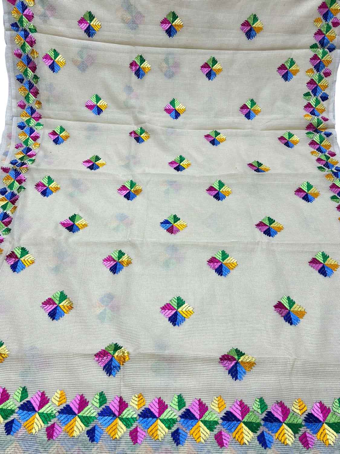 Off White Hand Embroidered Phulkari Kota Silk Saree - Luxurion World