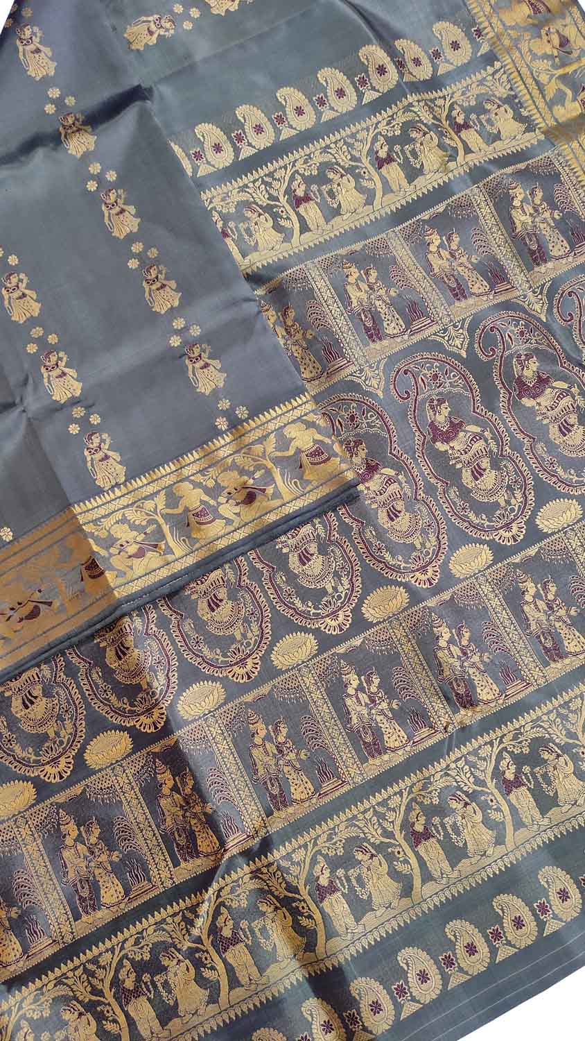 Grey Baluchari Handloom Pure Silk Saree - Luxurion World