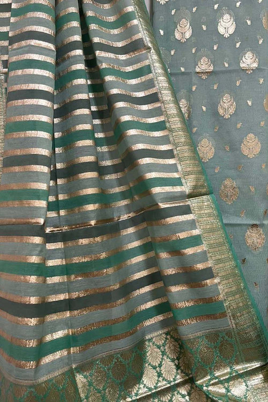 Stunning Green & Grey Banarasi Handloom Chanderi Silk Three Piece Suit Set - Luxurion World
