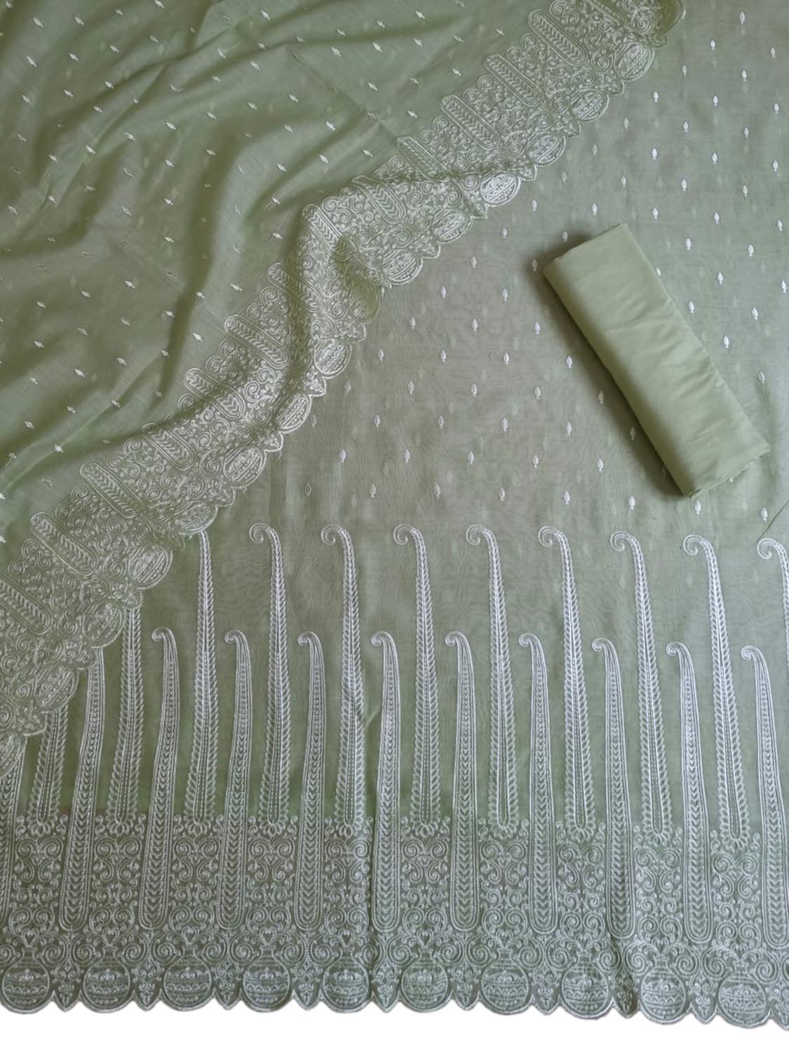 Green Chikankari Chanderi Suit Set: Unstitched Elegance Trio - Luxurion World