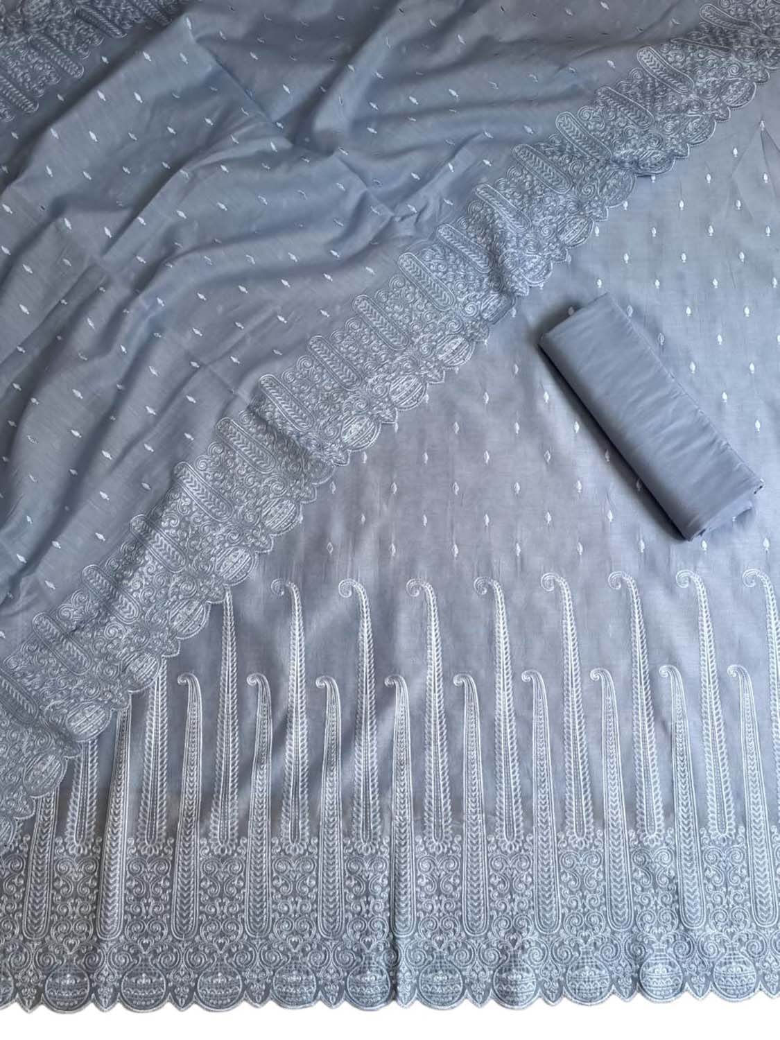 Graceful Grey Chikankari Chanderi Suit: Unstitched Three-Piece Set - Luxurion World