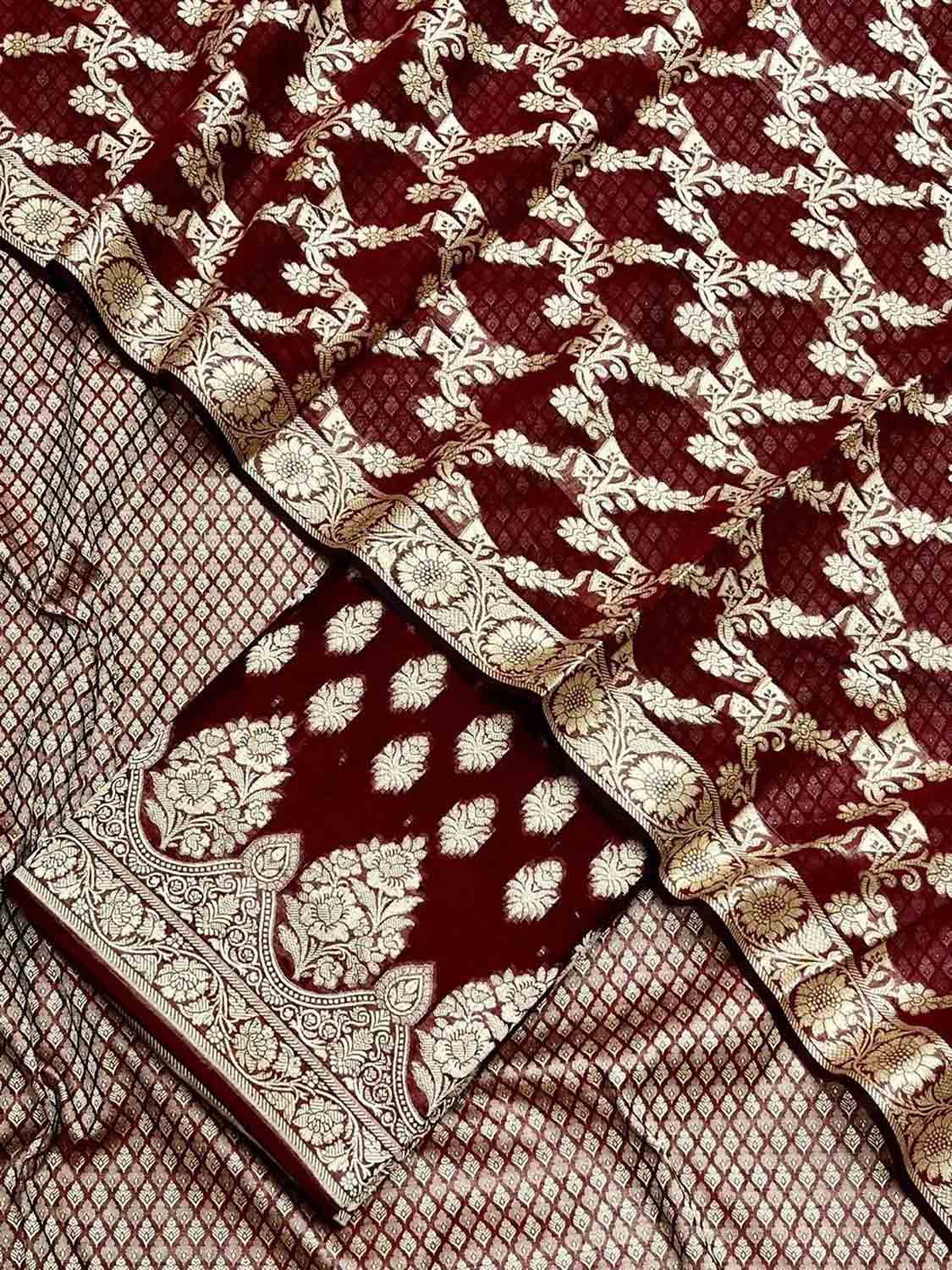 Maroon Banarasi Cotton Three Piece Unstitched Suit Set - Luxurion World