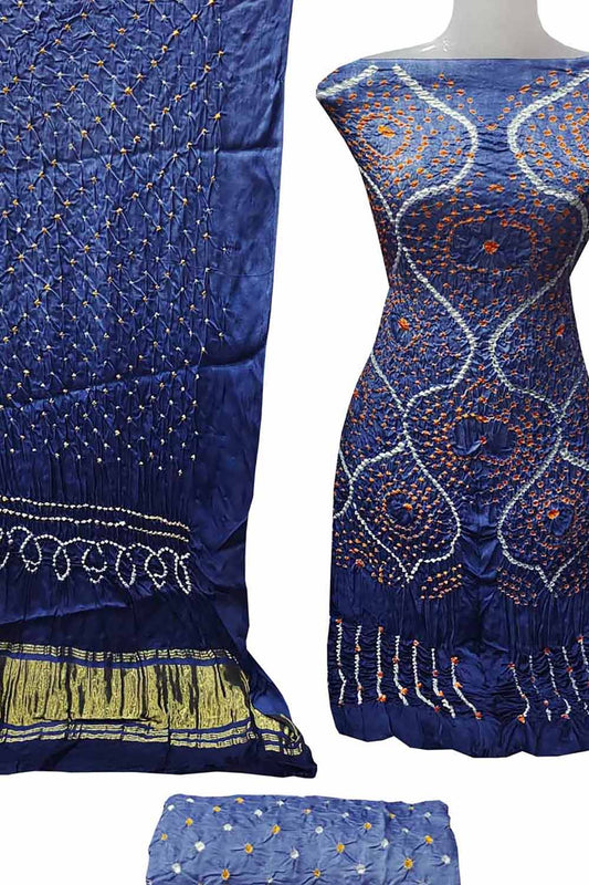 Blue Bandhani Hand Bandhej Gajji Silk Three Piece Unstitched Suit Set
