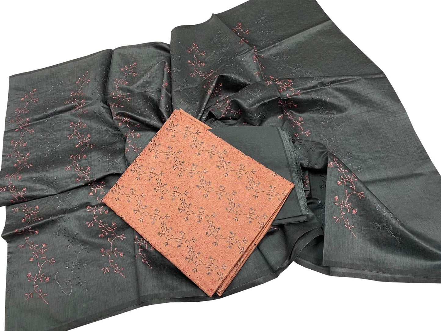 Stunning Black & Orange Bhagalpur Tussar Silk Suit with Embroidery - Unstitched Set - Luxurion World