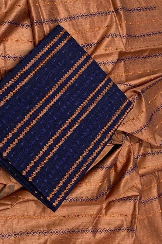 Stunning Orange and Blue Bhagalpur Tussar Silk Suit Set with Embroidery - Luxurion World