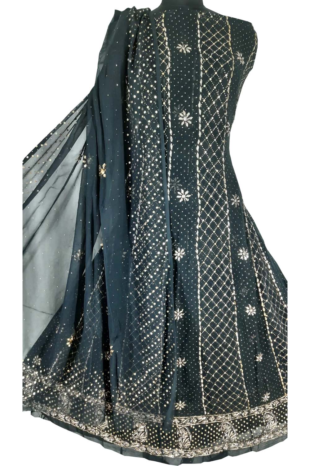 Black Hand Embroidred Chikankari Pure Georgette Anarkali Unstitched Suit Set With Mukaish Work - Luxurion World