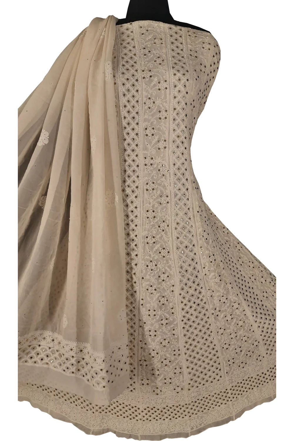 Dyeable Hand Embroidered Chikankari Pure Georgette Anarkali Unstitched Suit Set With Mukaish Work - Luxurion World