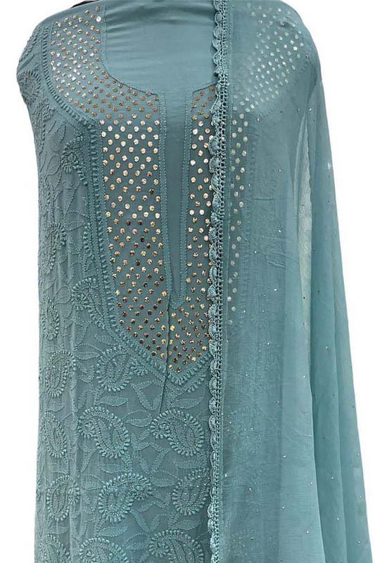 Exquisite Blue Chikankari Georgette Suit: Hand-Embroidered Elegance - Luxurion World