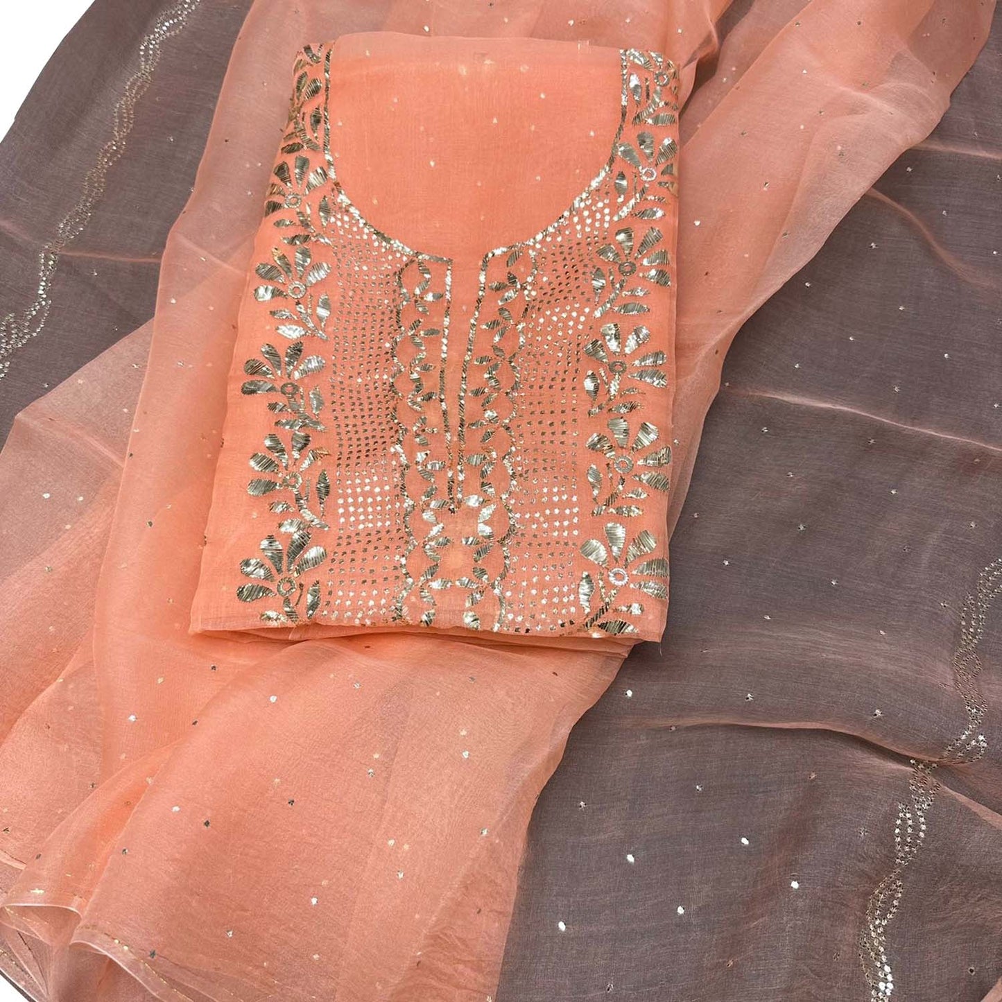 Stunning Orange Chanderi Silk Suit Set with Mukaish Work - Two Piece Unstitched - Luxurion World