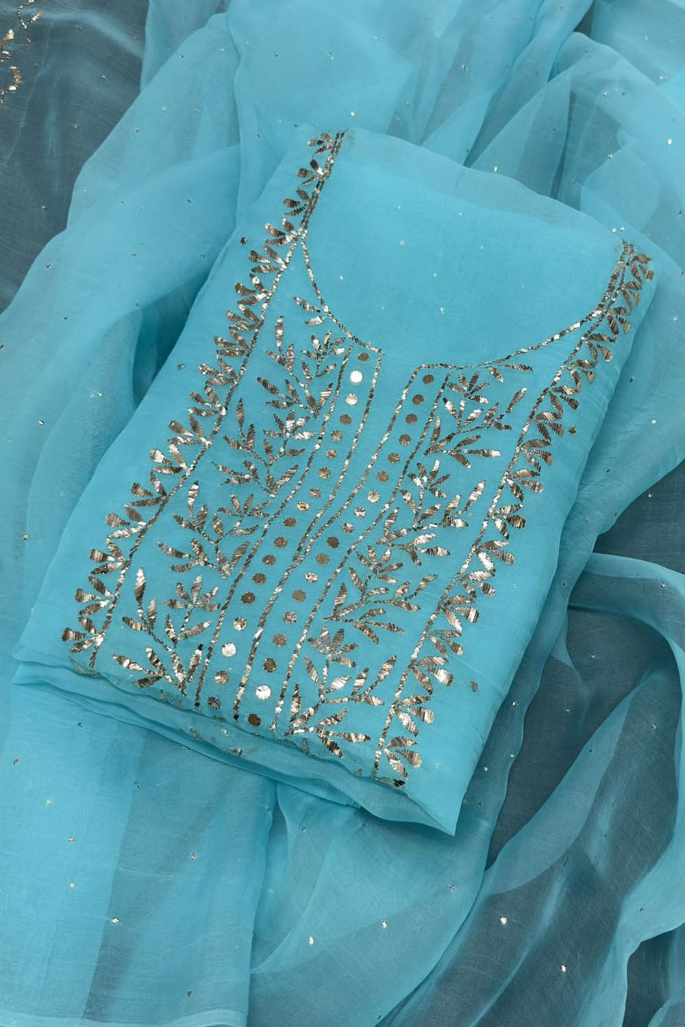 Shop the Stunning Blue Hand Mukaish Chanderi Silk Suit Set - Unstitched –  Luxurion World