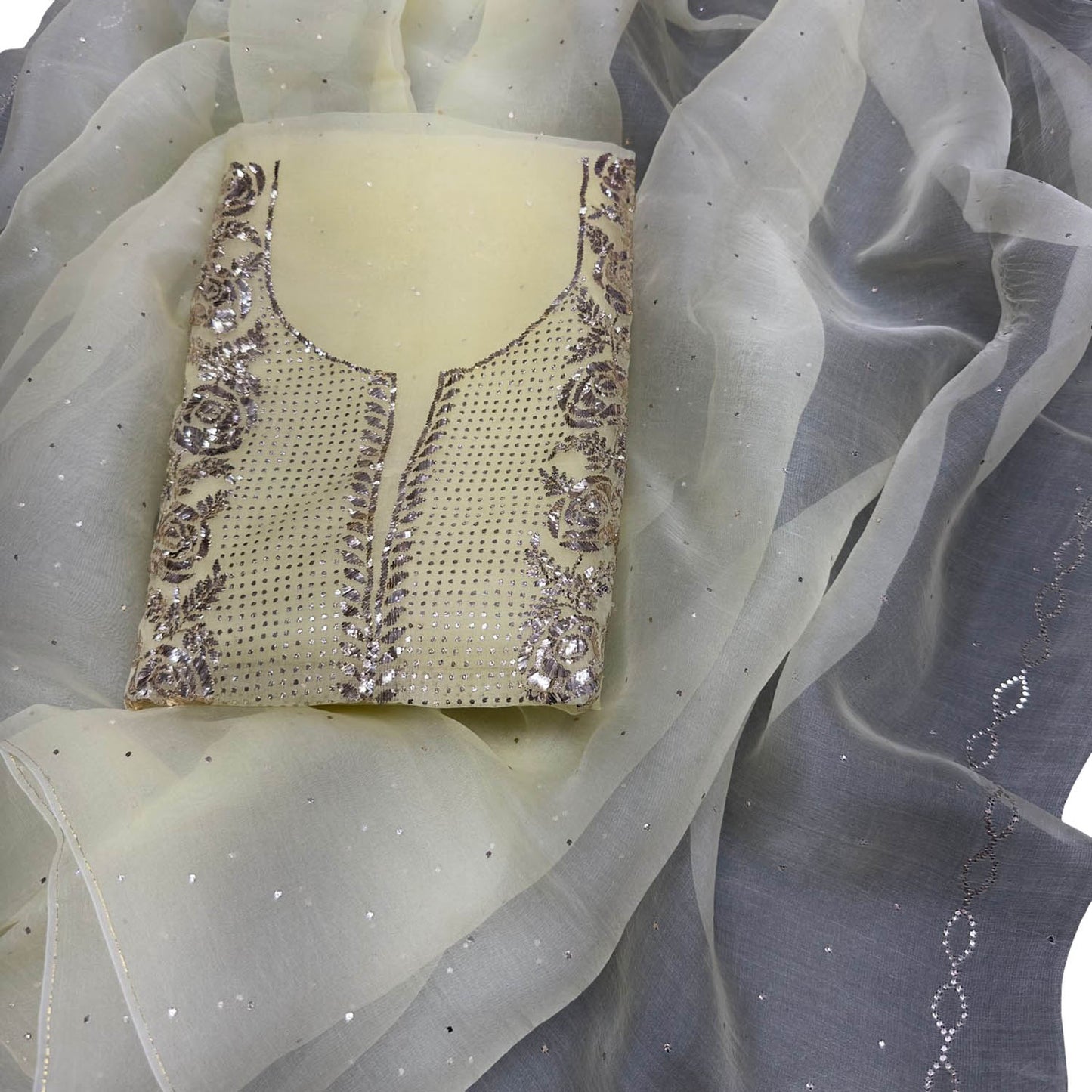 Stunning Yellow Chanderi Silk Suit Set with Mukaish Work - Unstitched - Luxurion World