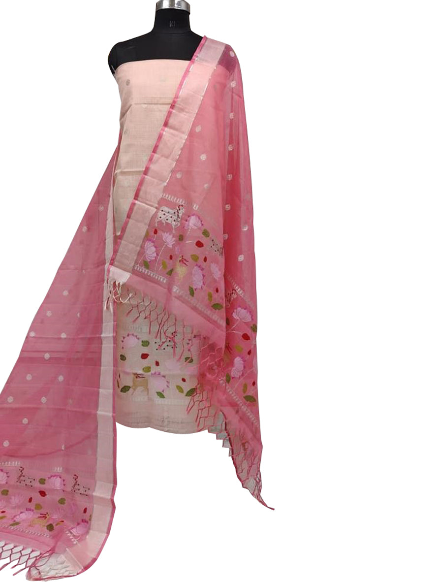 Pink Handloom Kota Doria Real Zari Two Piece Unstitched Suit Set - Luxurion World