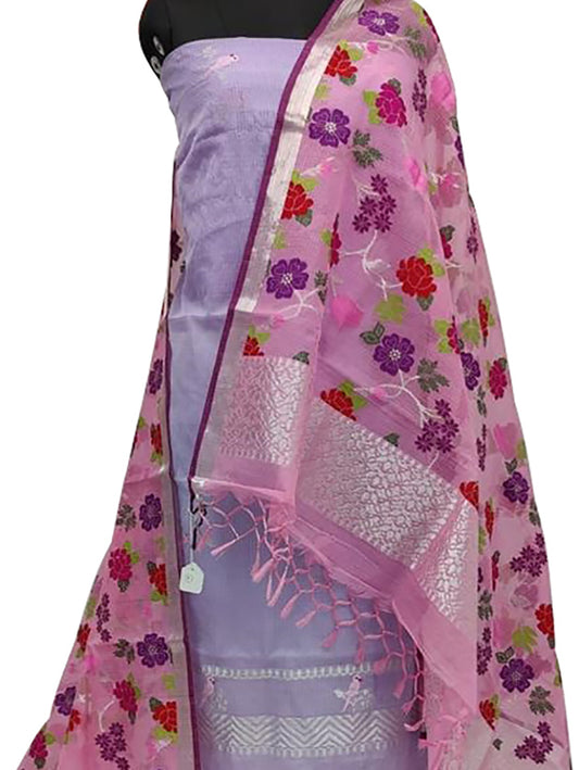 Purple And Pink Handloom Kota Doria Real Zari Two Piece Unstitched Suit Set - Luxurion World
