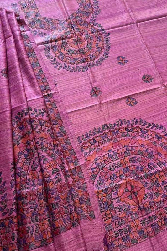 Vibrant Pink Madhubani Hand Painted Tussar Ghicha Suit