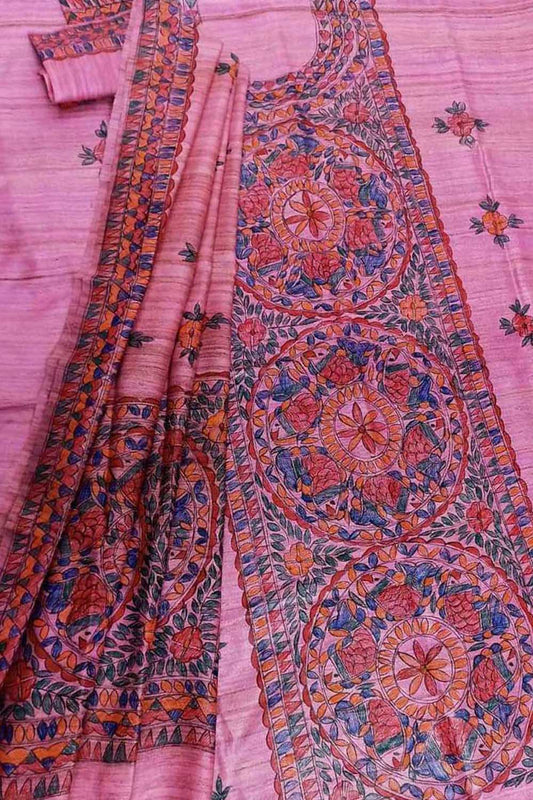 Vibrant Pink Madhubani Tussar Ghicha Suit Set - Luxurion World