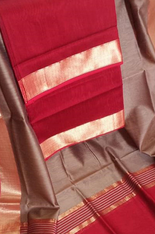 Stylish Pastel & Red Handloom Maheshwari Cotton Silk Suit Set - Luxurion World
