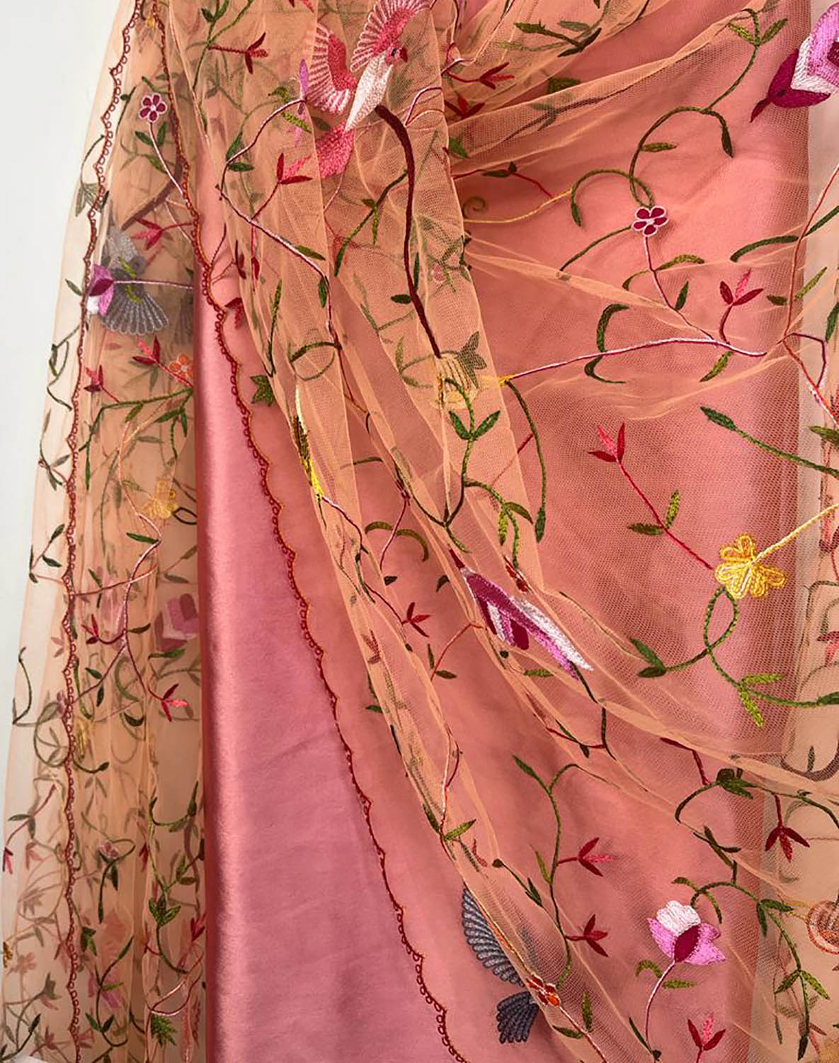 Pink Pure Silk Three Piece Unstitched Suit Set With Parsi Embroidered Convent Work Net Dupatta - Luxurion World