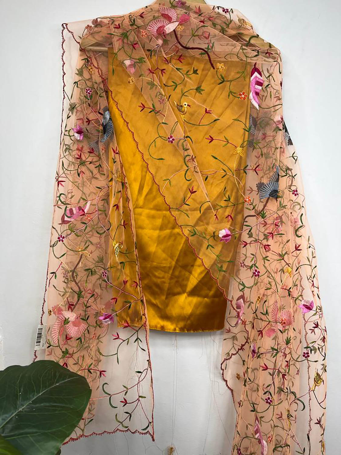 Yellow Pure Silk Three Piece Unstitched Suit Set With Parsi Embroidered Convent Work Net Dupatta - Luxurion World