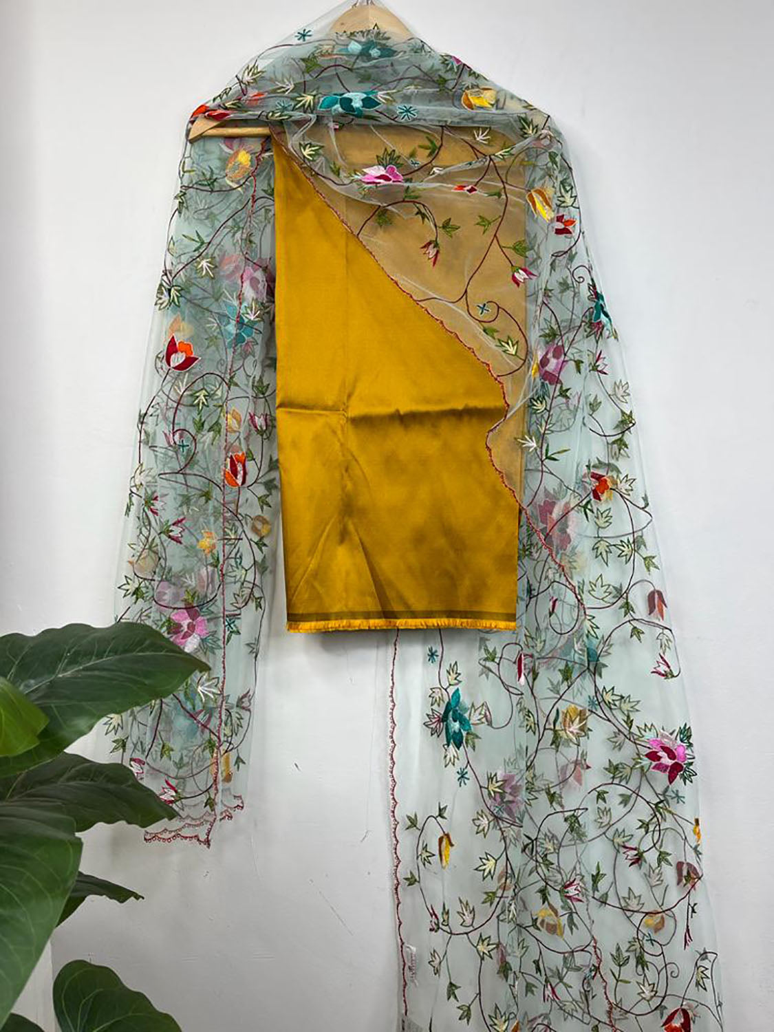 Yellow Pure Silk Three Piece Unstitched Suit Set With Parsi Embroidered Convent Work Net Dupatta - Luxurion World