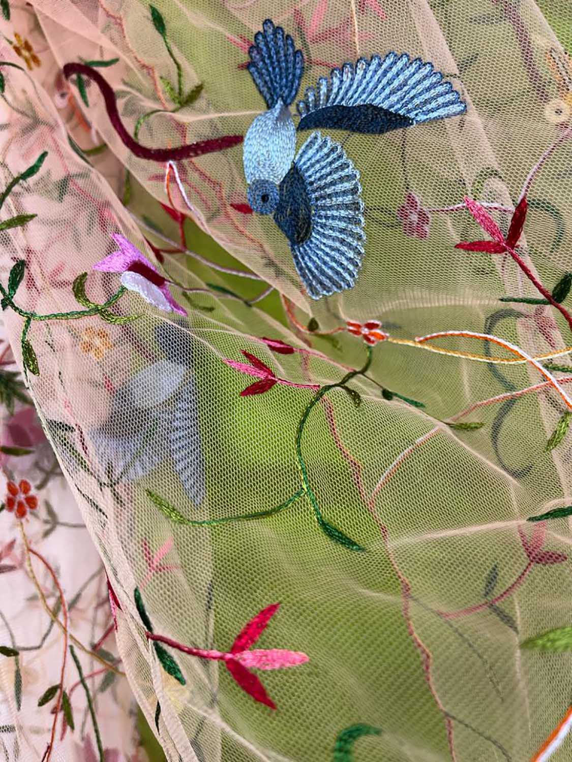 Green Pure Silk Three Piece Unstitched Suit Set With Parsi Embroidered Convent Work Net Dupatta - Luxurion World