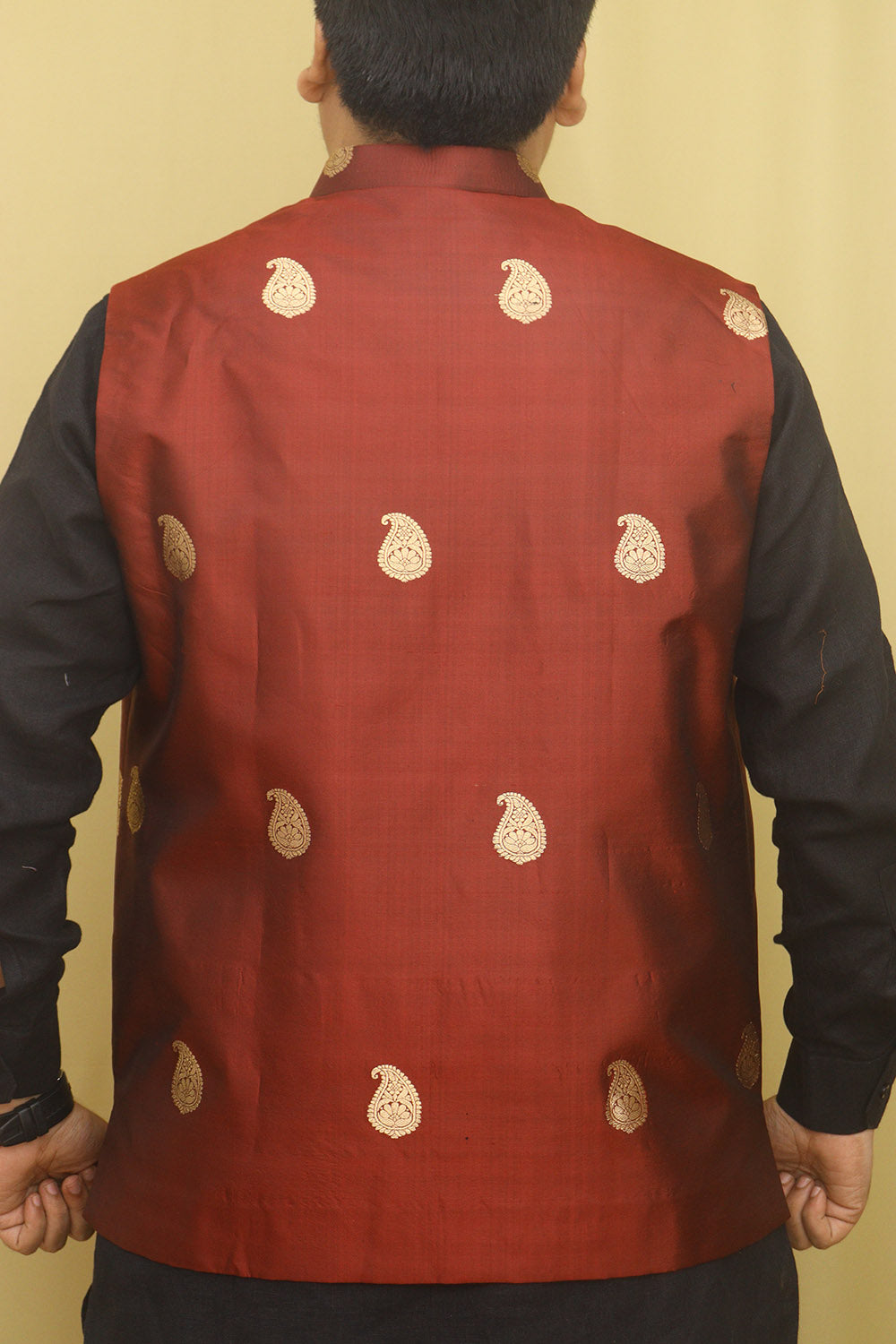 Maroon Handloom Banarasi Pure Katan Silk Nehru Jacket - Luxurion World