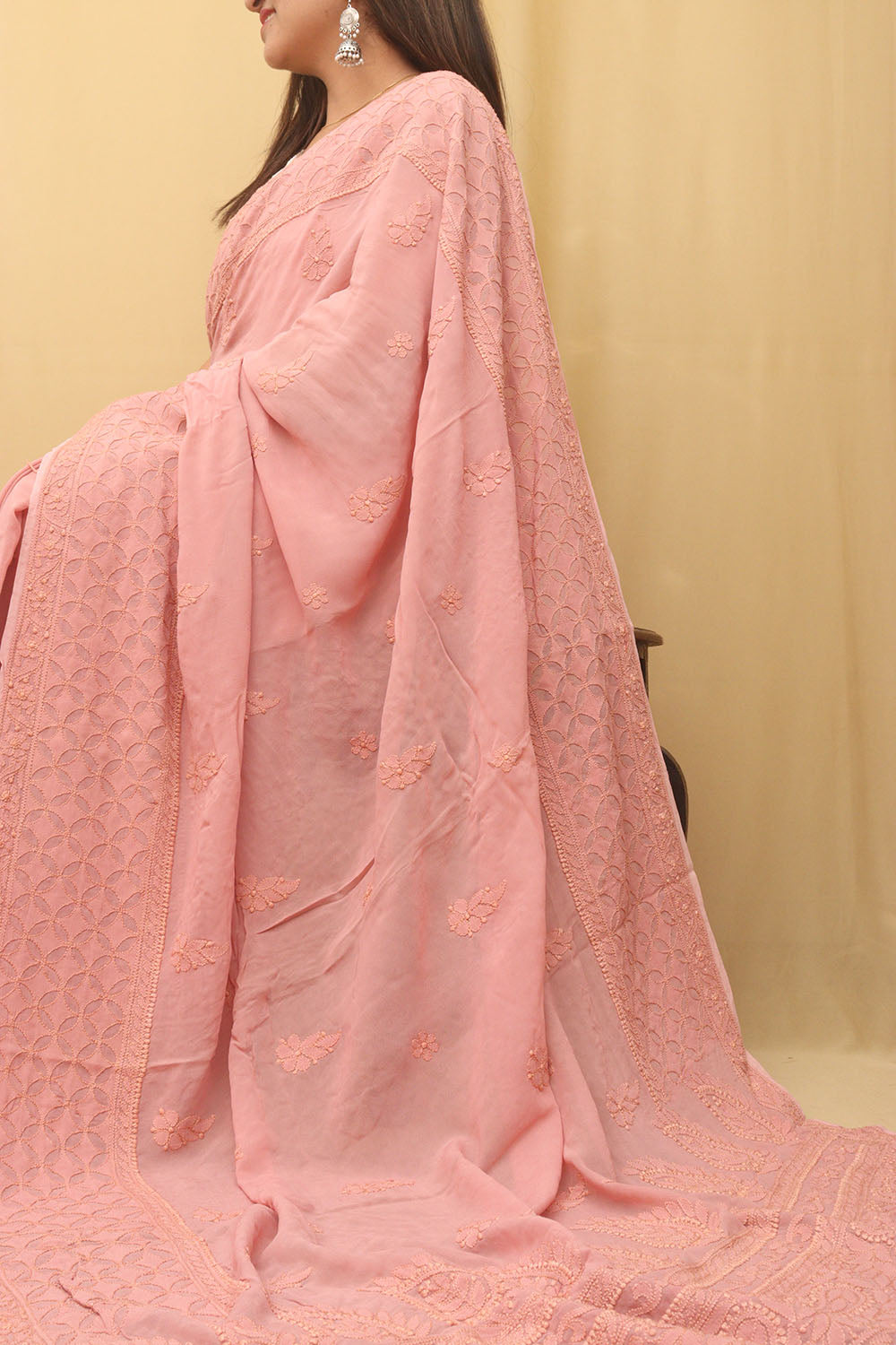 Shop Pink Chikankari Georgette Saree Online - Luxurion World