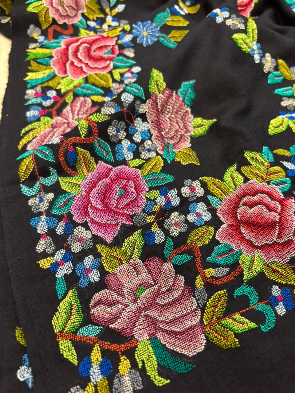 Black Pashmina shawl with petit point work handcrafted masterpiece reflecting timeless elegance and refined luxury appeal - Luxurion World