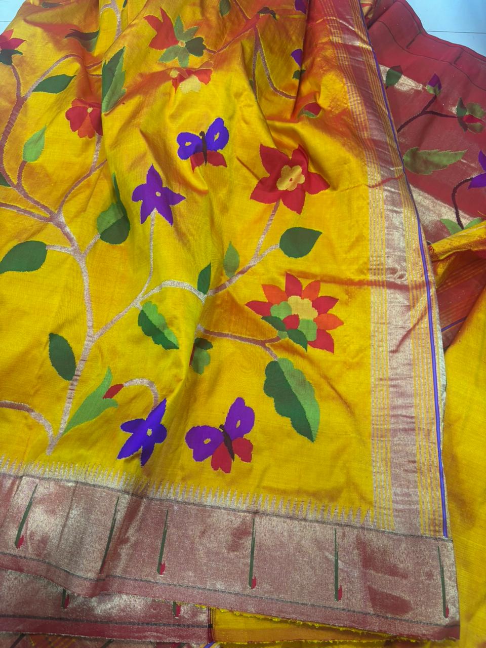 Yellow Paithani Handloom Pure Silk Full Work Flower Design Saree - Luxurion World