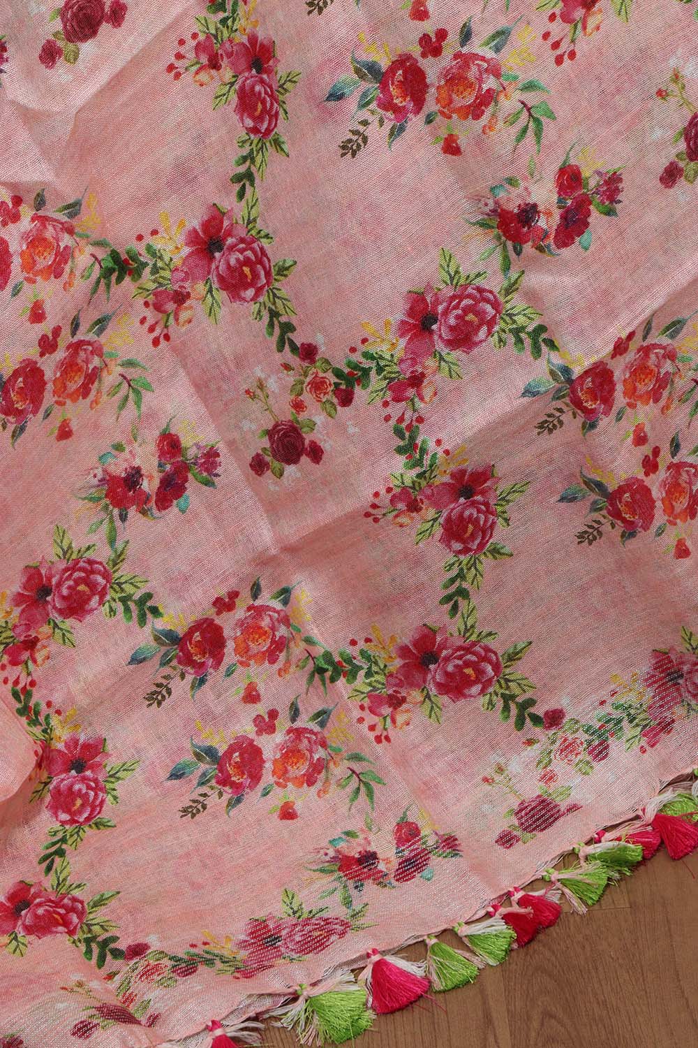 Pink Digital Printed Linen Floral Design Dupatta - Luxurion World