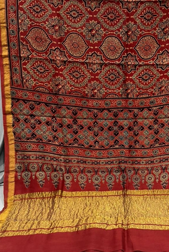 Red Ajrakh Block Printed Chanderi Silk Tissue Border Dupatta - Luxurion World