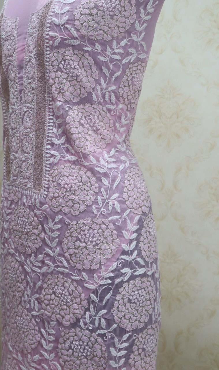 Pink Embroidered Chikankari Georgette Kurti - Luxurion World