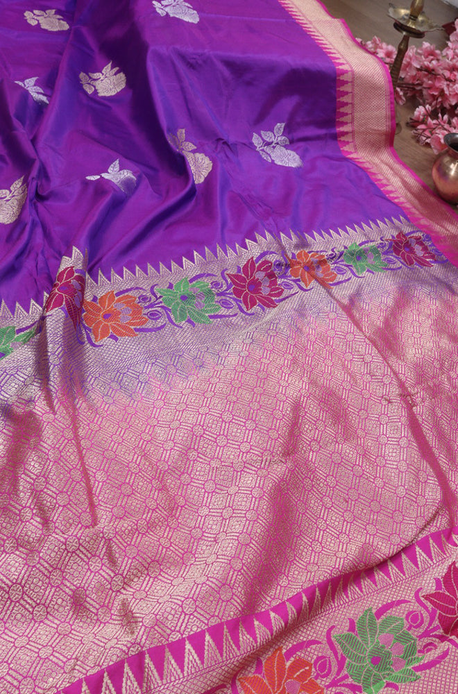 Purple Handloom Banarasi Pure Katan Silk Meenakari Saree - Luxurion World