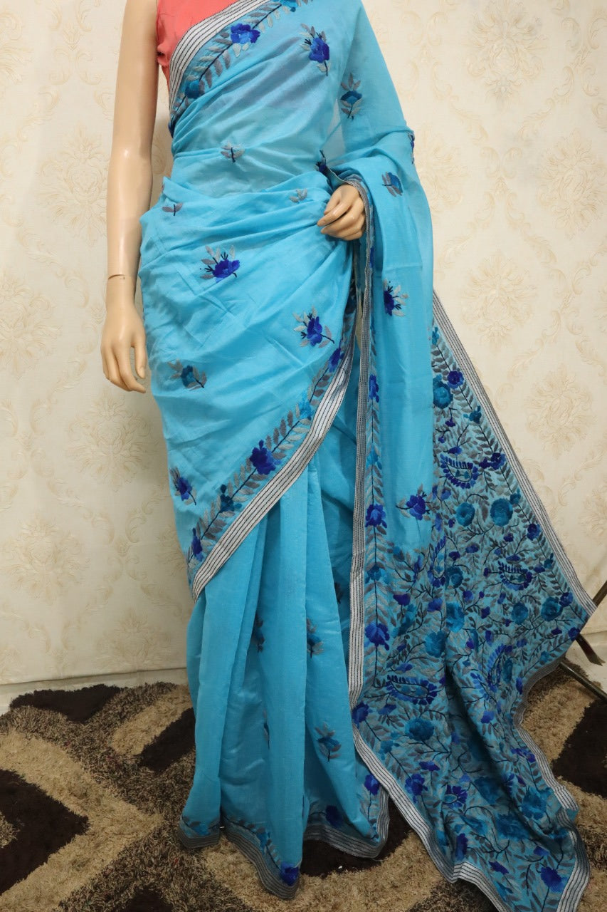 Blue Hand Embroidered Phulkari Chanderi Silk Saree - Luxurion World