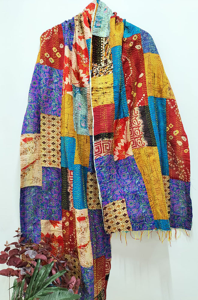 Multicolor Hand Embroidered Kantha Silk Reversible Stole - Luxurion World