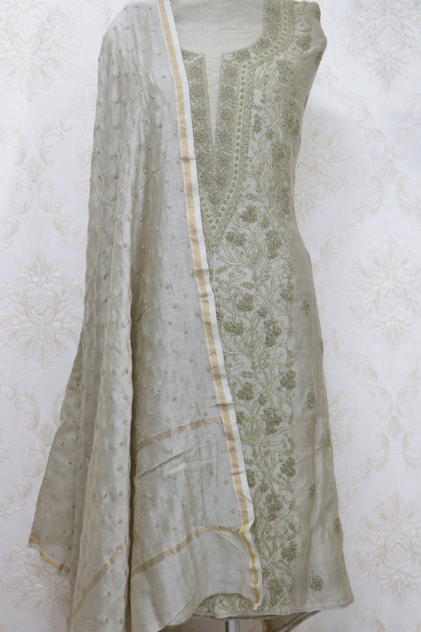 Pastel Embroidered Chikankari Chanderi Silk Two Piece Unstitched Suit Set - Luxurion World