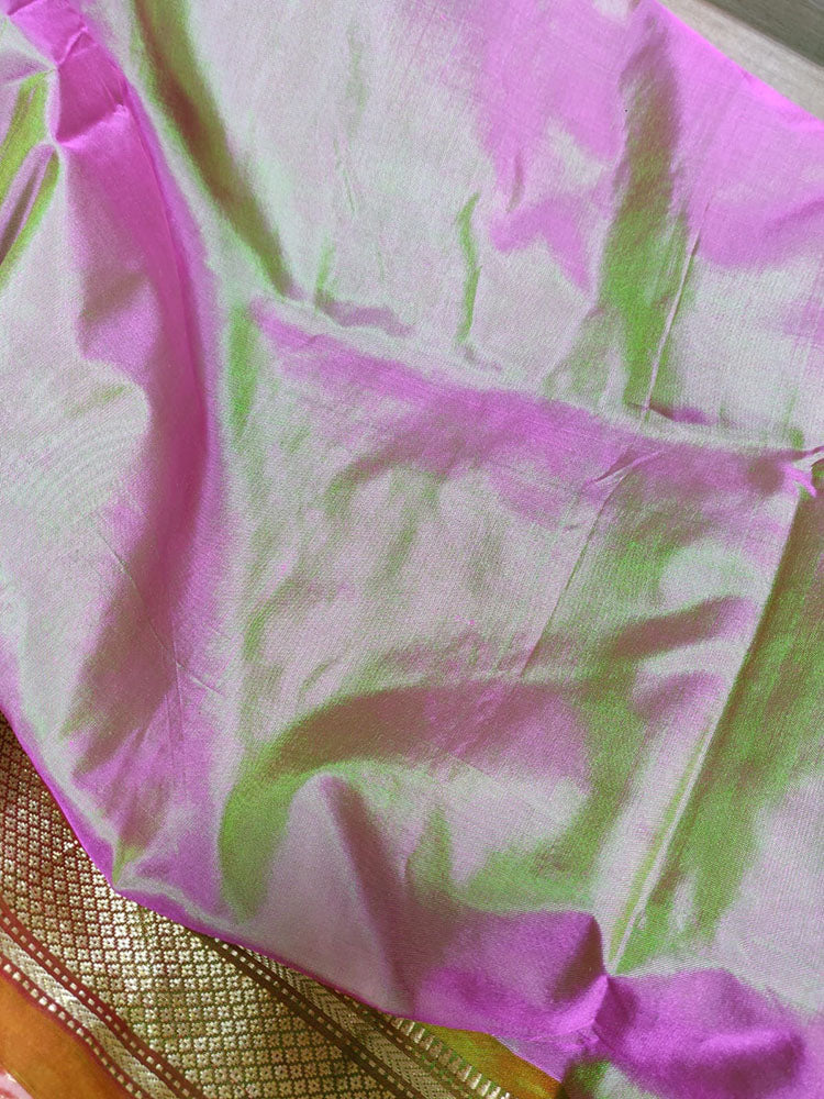 Green And Purple Shot Handloom Paithani Pure Silk Peacock Design Pallu Saree - Luxurion World