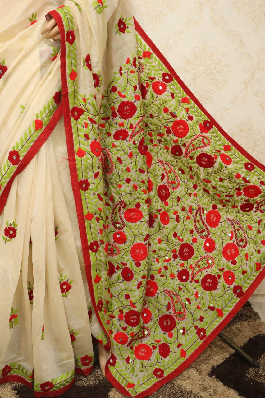 Off White Hand Embroidered Phulkari Chanderi Silk Saree - Luxurion World