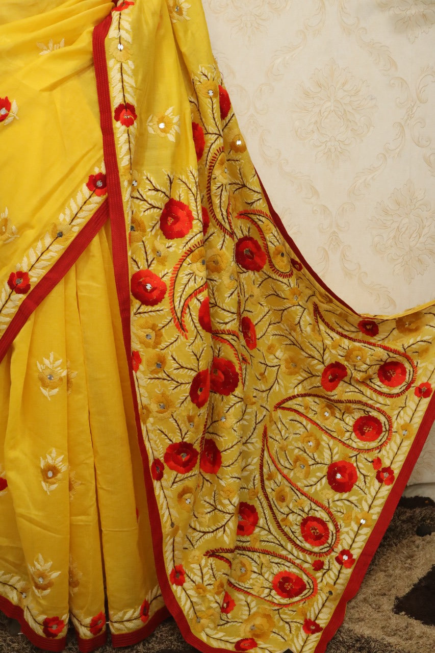 Yellow Hand Embroidered Phulkari Chanderi Silk Saree - Luxurion World